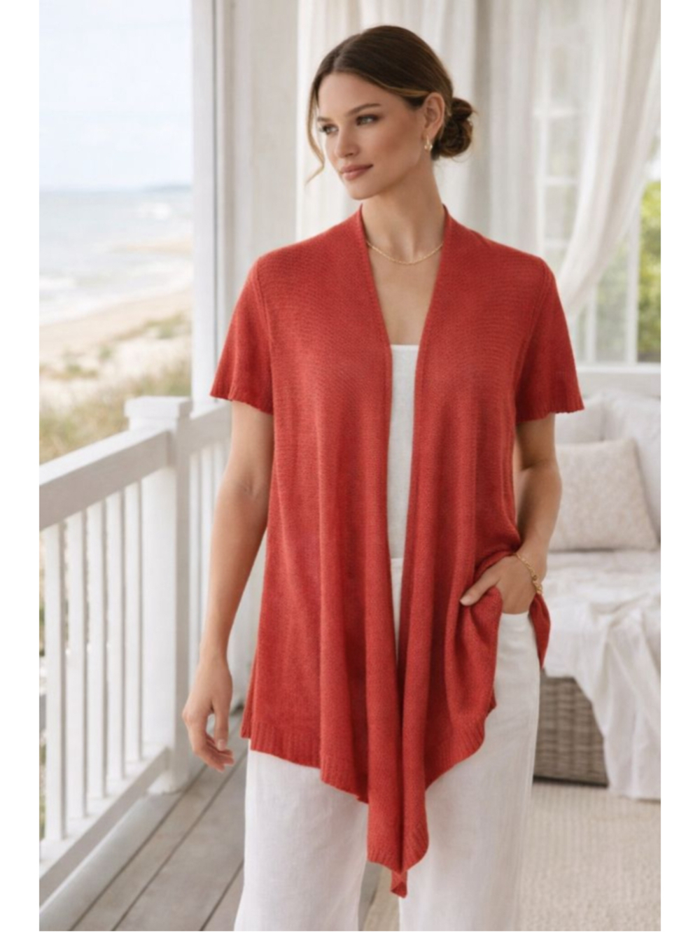 Eileen Fisher XL Linen Open Front Cardigan Coral Lightweight Draped Minimalist